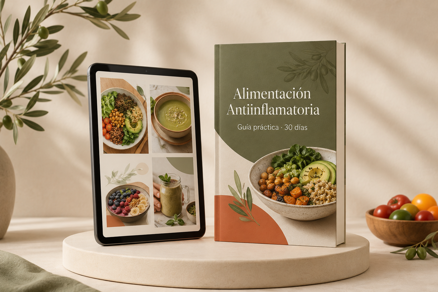 Mockup del ebook Alimentación Antiinflamatoria, guía práctica de 30 días